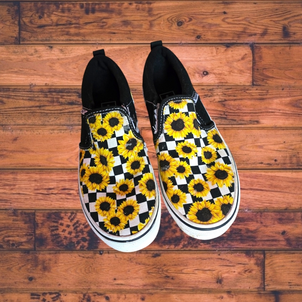 Sunflower Checkered Vans Kids Slip-On Shoes